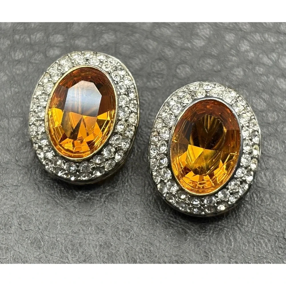 Ultima Edizione HUGE Yellow Stone 925 Sterling Silver Vintage Clip On Earrings